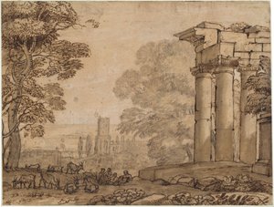 Landskap med ruiner, pastorale figurer og trær av Claude Lorrain