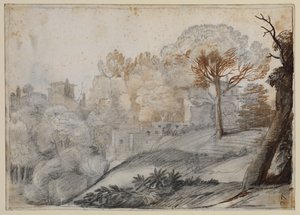 Landskap med trær og bygninger av Claude Lorrain