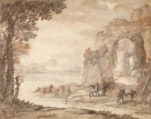 Perseus and the Origin of Coral, ca. 1671 (svart kritt, sepia og svart blekk, sepia og grå vask med hvitt) av Claude Lorrain