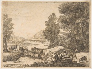 Hyrde og gjeterinne samtaler i et landskap, ca. 1651. av Claude Lorrain