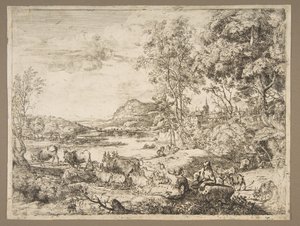 Hyrde og gjeterinne samtaler i et landskap, ca. 1651. av Claude Lorrain