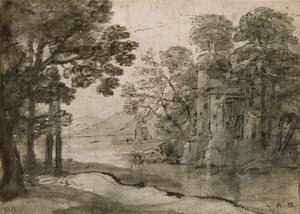Vannmølle blant trær, c1635-1638 av Claude Lorrain