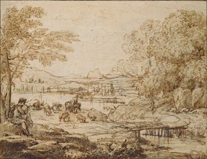 Ungdom som spiller et rør i et pastoralt landskap, ca. 1640-tallet av Claude Lorrain