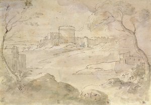 Landskap med en befestet by (blekk og vask på papir) av Claude Lorrain