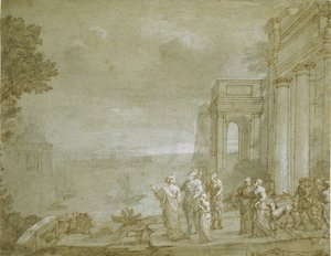 Utsikt over Kartago med Dido og Aeneas, 1676 (penn og blekk med vask og kritt, forhøyet med hvitt på papir) av Claude Lorrain