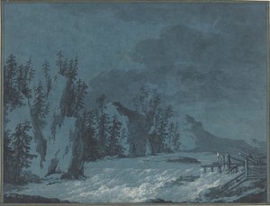 River Rapids ved Wooded Cliffs av Claude Louis Chatelet