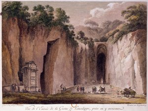 Utsikt over hulen Pausilippe (Posillipo) (eller "Grotta Vecchia"), nær Napoli. tegning av Chatelet