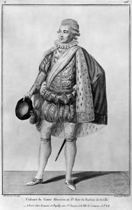 Grev Almaviva, illustrasjon fra akt V av 'Barberen i Sevilla' av Pierre Augustin Caron de Beaumarchais (1732-99) gravert av Jean Victor Dupin (f.1718)