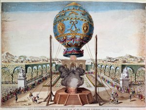 Opplevelse av brødrene Montgolfiere 19. oktober 1783 i hagen til Monsieur Reveillon, faubourg Saint Antoine i Paris. Gravering av Desrais Claude Louis Desrais (1746-1816)