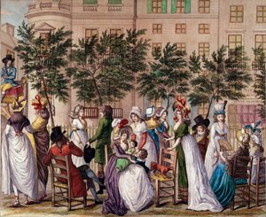 Mote under ledelsen: «Le petit Coblenz», promenaden Boulevard des Italians i Paris. Litografi av Claude Louis Desrais (1746-1816) 1798. Paris, Musee Carnavalet av Claude Louis Desrais