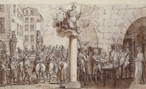 Enken Morin og hennes datter Angelique Delaporte ved Conciergerie og straffet med å bli lenket offentlig for forbrytelsen utpressing med vold av underskrifter, 1812 (penn, blekk og vask på papir) av Claude Louis Desrais
