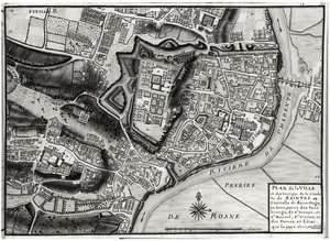 Atlas 131 F fol.8 Kart over Saintes, hovedstaden i Saintonge, fra Recueil des Plans de Saintonge, 1716 (penn og blekk og wc på papir)