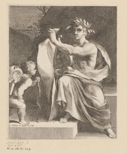 Apollo setter en amor Tittelside for: Eremitten François Tristan Sieur du Soliers, The Loves of Tristan, 1638 av Claude Mellan