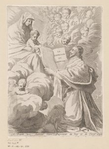 Armand-Jean du Plessis, hertugen av Richelieu, presenterer en bok til Mary with Child Tittelside for: Armand-Jean du Plessis hertug av Richelieu, Traité de la perfection du chrétien av Claude Mellan