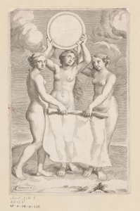 Three Graces med en medaljong Tittelside for: Balthazar de Vias, Charitum libri tres, 1660 av Claude Mellan