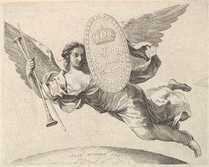 Berømmelse som bærer et skjold med initialen til Louis XIV La Renommée volant. av Claude Mellan