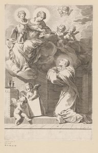 H. Bernard kneler foran en åpenbaring av jomfruen og barnet Tittelside for: Saint Bernardus, Divi Bernardi Abbatis (...), 1640 av Claude Mellan