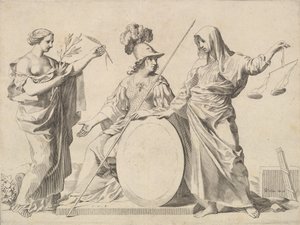 Minerva flankert av fred og rettferdighet Armoires de Gallard et de Mesmes. av Claude Mellan
