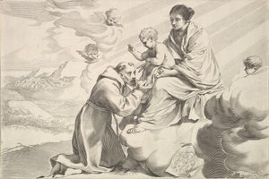 Den hellige Frans av Assisi tilber Kristusbarnet på jomfrufanget.