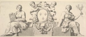 The Arms of France akkompagnert av personifikasjoner av lov og god tro, 1664. av Claude Mellan