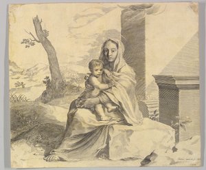 Jomfru og barn sitter på en stein Jomfru og barn i ruiner, 1659. av Claude Mellan