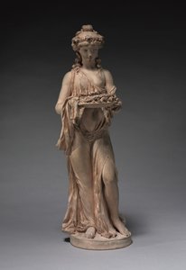Ung jente som bærer en krans med roser på et fat, tidlig på 1770-tallet
