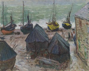 Båter på stranden ved Étretat av Claude Monet