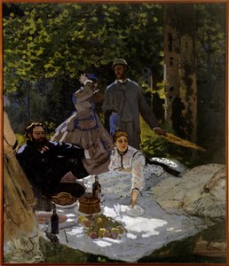 Frokost på gress Fragment. Venstre del. Høyre side: representasjon fra venstre til høyre av Gustave Courbet, Camille Doncieux og Frederic Bazille (stående i midten). Maleri av Claude Monet (1840-1926) 1865-1866 Søn. 2,48x2,17 m Paris, musee d