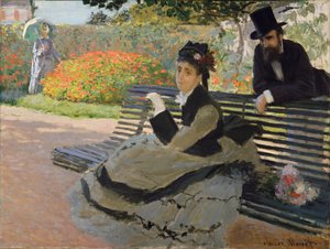 Camille Monet på en hagebenk av Claude Monet