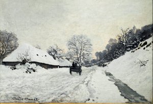 Vogn, vei under snø i Honfleur (Olje på lerret av Claude Monet