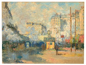 Eksteriør av Saint-Lazare stasjon, sollyseffekt, 1877 av Claude Monet