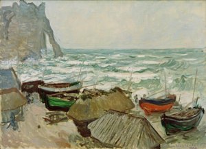Fiskebåter på stranden ved Etretat av Claude Monet