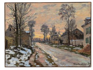 Veien til Louveciennes, snøsmelting, solnedgang, ca. 1869-70 av Claude Monet