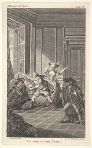 En mann krøllet sammen i en stol ser mot en annen mann som nærmer seg ham fra venstre i..., ca. 1784.