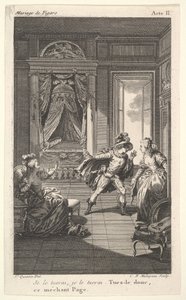En mann lener seg mot en kvinne som står i en døråpning til høyre, til venstre en sittende kvinne reiser..., ca. 1784.