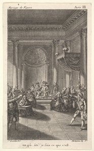 En mann som sitter i en stol på en trappetrinn holder et publikum, to pekende menn står..., ca. 1784.