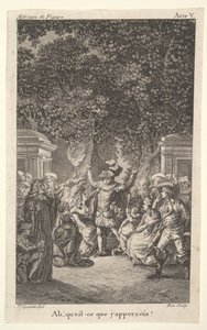 En ung gutt holder en lommelykt under trær i en hage, i midten løfter en mann begge armene, s..., ca. 1784.