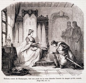 Thibaut, grev av Champagne, kom til føttene til dronning Blanche av Castilla for å advare henne om faren hun løp - i "Paris gjennom århundret" av de Genouillac av Claude Sauvageot