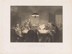 Leser menn rundt et bord Les profonds politiques / De dype politikere / Die vollendeten Staatsmanner (tittel på objekt) Humoristiske forestillinger (serietittel) Gallery pour rire (serietittel på objekt) av Claude Thielley