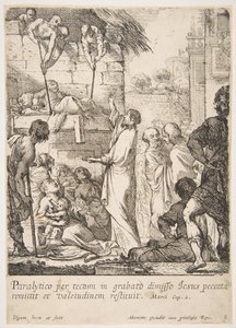 Å helbrede den lamme Jesus Kristus beviser ved å helbrede en lamme, at han har kraften til å... av Claude Vignon