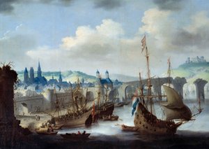 Utsikt over byen Rouen Skipene ligger fortøyd på bredden av Seinen. Maleri av Claude de Jongh