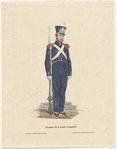 Belgisk bueskytter, 1830 Costume de la Garde Communale (tittel på objekt) av Claudio Linati