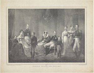 Familieportrett av William I Frederik, konge av Nederland, Wilhelmina av Preussen, deres sønner med koner, deres datter og fire barnebarn av Claudio Linati