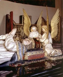 Detalj av bildet og to engler, fra graven til Filip den dristige, hertugen av Burgund (1342-1404), av Jean de Marville (d.1389), Claus Sluter (d.1405/6) og Claus de Werve (ca. .1380-1439), bestilt for klosteret Champmol av Claus and Marville Jean de Sluter