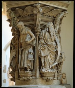 Well of Moses - skulptur anerkjent som mesterverket til den nederlandske kunstneren Claus Sluter (1340-1405/6) - flamsk gotisk kunst: pidestall med representasjoner av Daniel, Zaccharie, Jesaja (til venstre), Moses (til høyre), Jeremie og David av Claus Sl