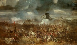 Napoleonskrigen: "" Utsikt over slaget ved Waterloo den 18.06.1815"" Maleri av Clement Auguste Andrieux (1829-1880) 1852 Søn. 1,1x1,93 m.