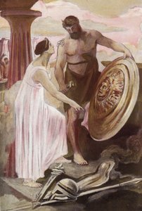 Akilles-skjoldet skapt av Vulcan. Illustrasjon av Clement Gontier (1876-1918) for Homeres «Iliaden» (Omero). Paris, Henri Laurens