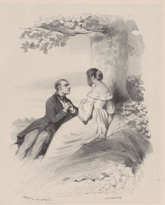 Mann som frier til en kvinne hvis ansikt er skjult av hår, ca. 1830-65.
