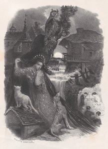 Natt, vignett av jente i 1700-tallskostyme som plukker roser på verso, ca. 1830-65. av Célestin Nanteuil