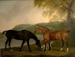 Hester og hund i et landskap, ca. 1830 av Clifton Tomson